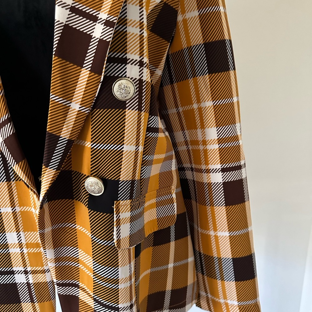 Pants suit in gold plaid and brown, size large jacket and medium pants